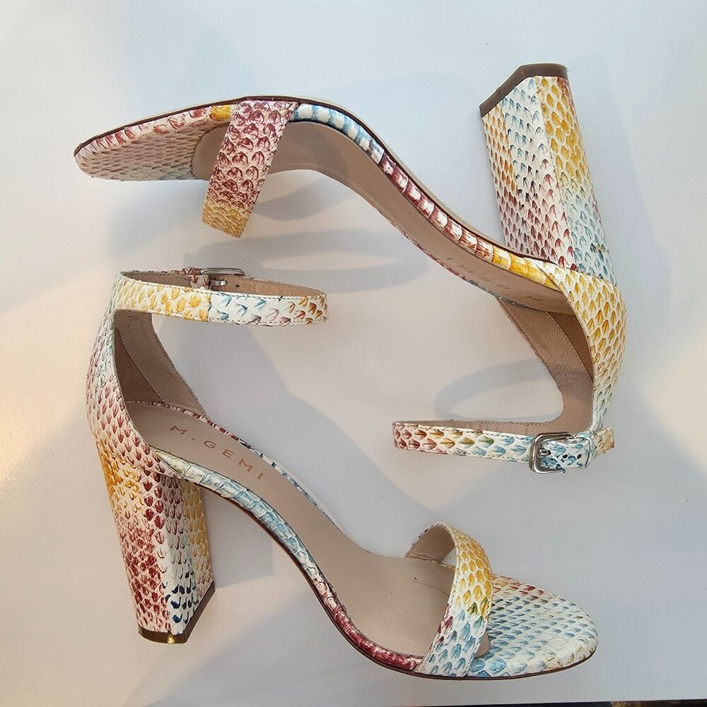 M. Gemi Italian Leather Snake Print Colorful Block Heel Sandals. Sz 6.